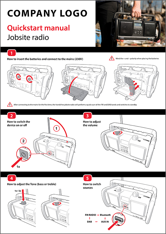 Quick start guide voor een draagbare radio.