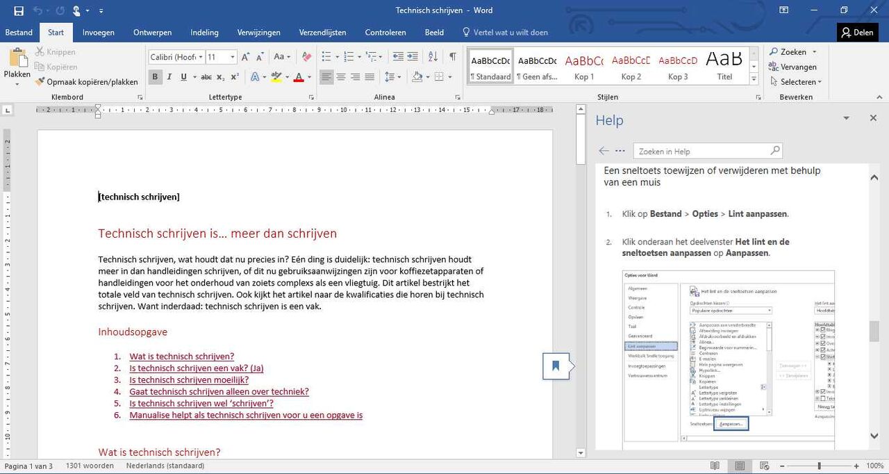 Helpscherm dat oproepbaar is tijdens het werken met Microsoft Word 2016