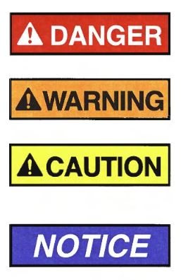 Illustratie die de kleuren toont van de vier internationaal bekende waarschuwingen Danger, Warning, Caution en Notice.