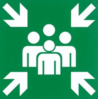 Internationaal symbool die de plaats aangeeft waar een groep bijeenkomt in geval van evacuatie.