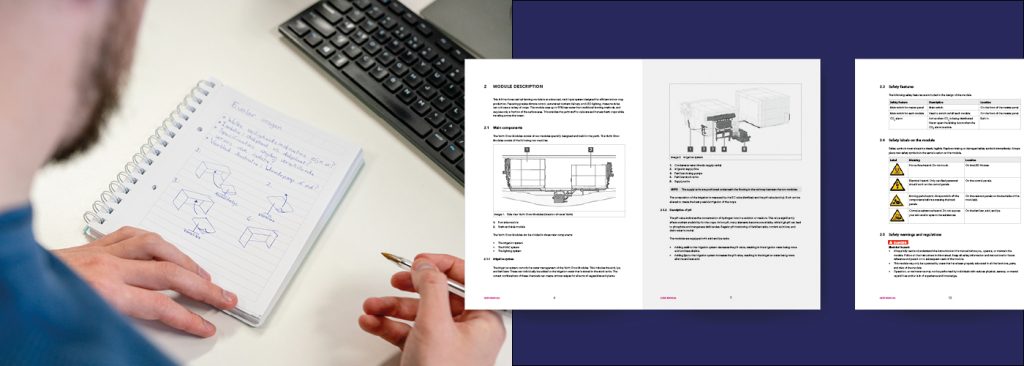 Medewerker schrijft een instructie nadat hij zich in de werking van het product heeft verdiept
