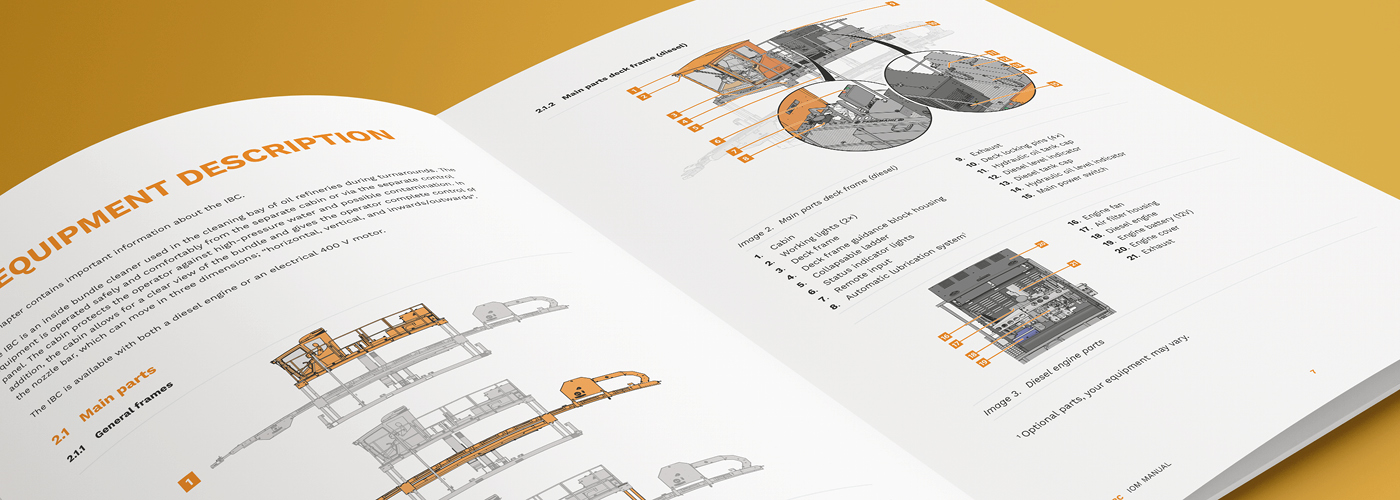 Opengeslagen technische documentatie. Toont een overzicht van de main parts van een product.