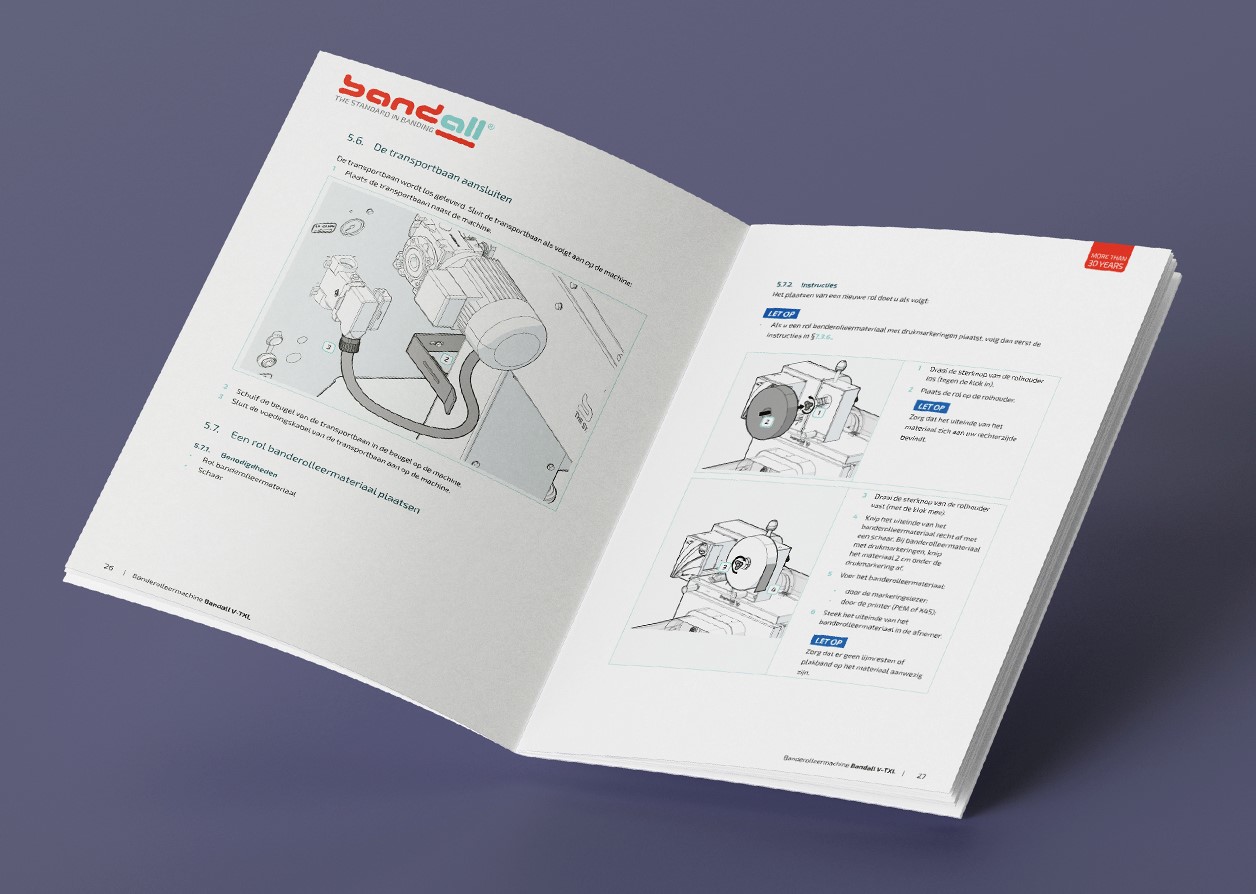 Open printed user manual displaying technical line drawings, labelled components and structured step-by-step instructions in a clean, professional layout.