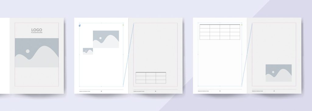 Example pages of a documentation template showing a cover page and structured layouts with predefined placeholders for images, tables and text.