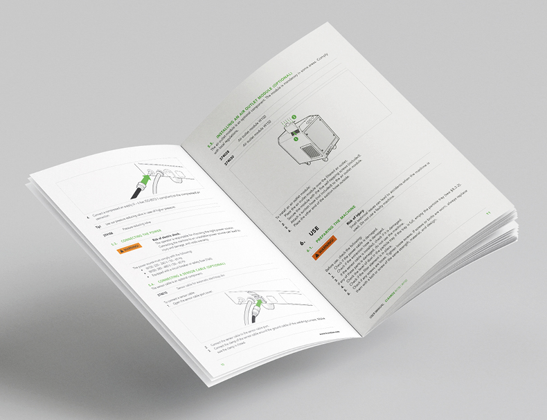 Opened manual showing instructions and supporting illustrations