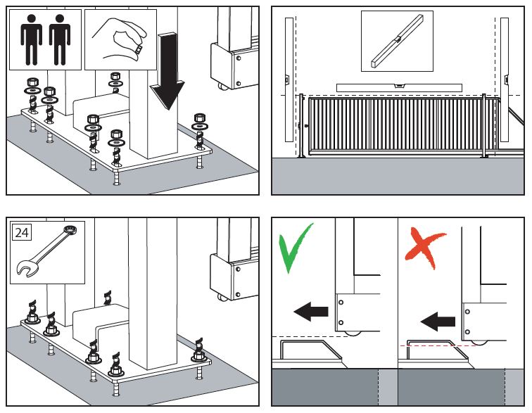Technical illustrations from an installation guide for a sliding gate showing installation steps, required tools and alignment checks.