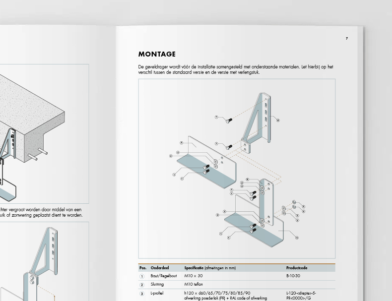 A manual page showing an exploded assembly illustration with labelled components, supporting instructions for the product installation.