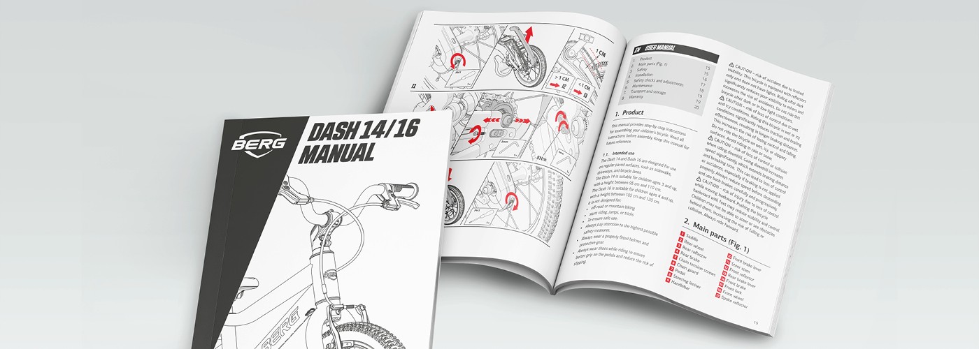 Printed instructions for use booklet with step-by-step assembly illustrations and product information for a bicycle.