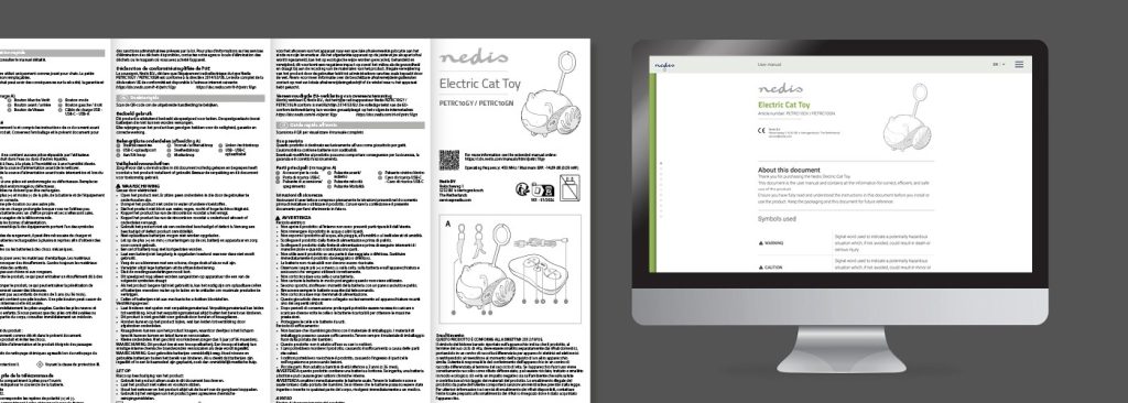 Example of multichannel output showing the same product manual presented in print and digital formats, ensuring consistent information across platforms.