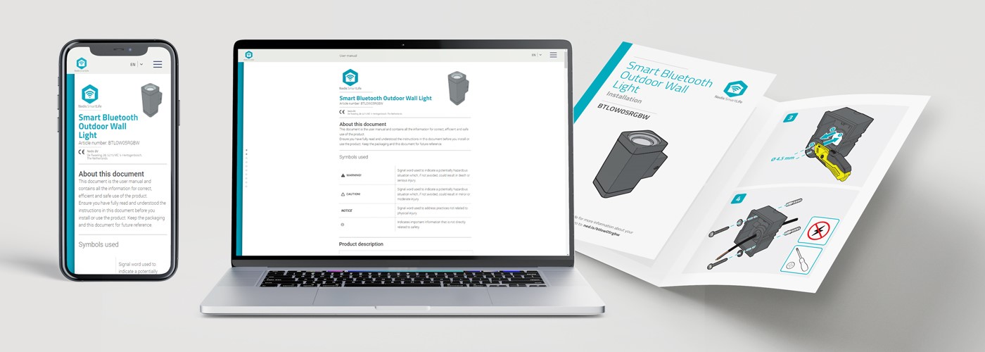 Online manual shown on a smartphone and laptop alongside a printed instruction booklet for a smart outdoor wall light.