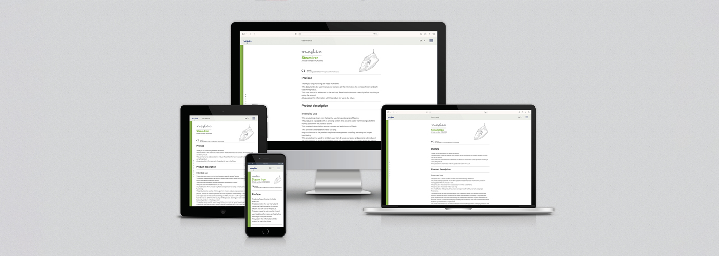 Online output of a product manual shown on multiple devices—desktop, laptop, tablet and smartphone—illustrating responsive digital documentation.