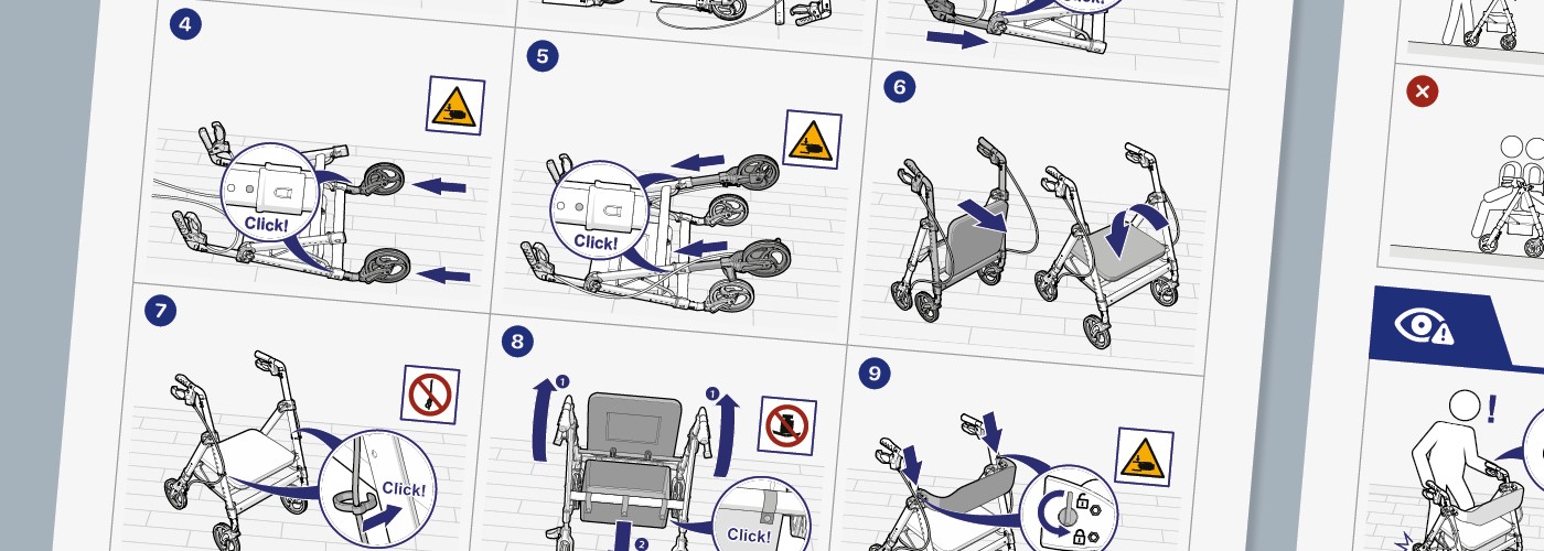 Illustrated manual showing step-by-step instructions with pictograms, icons and warning symbols for safe use of a walker.