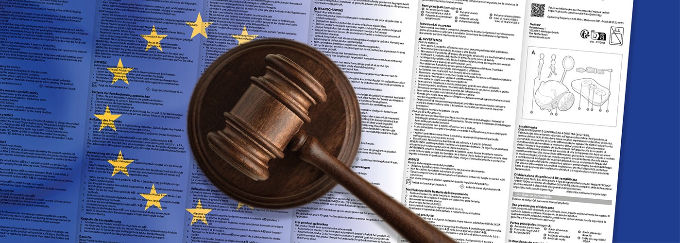 Gavel on product documentation with EU flag background, symbolising European product liability law and compliance.