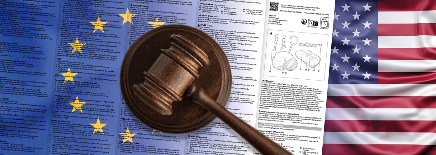 Gavel on product documentation with EU and US flags, symbolising international product liability and regulatory compliance.