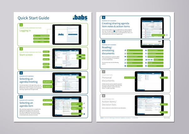 Example of a software quick start guide spread featuring step-by-step instructions, annotated screenshots and a clear, structured layout for user guidance.