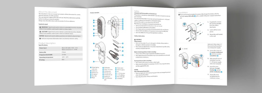 Folded-out consumer product manual showing an English translation