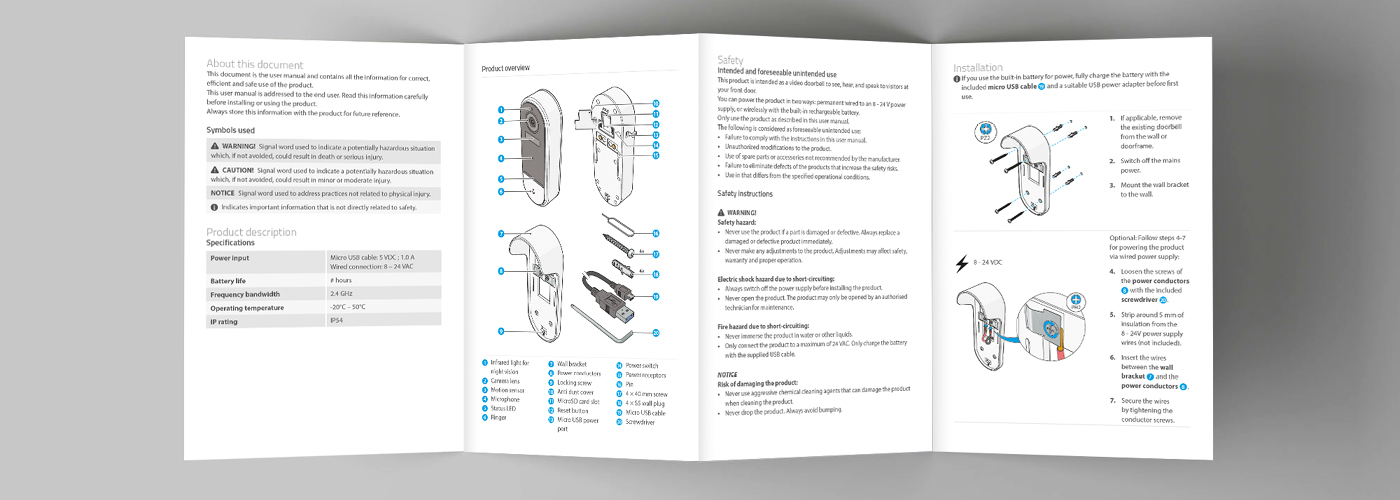 Folded-out consumer product manual showing an English translation