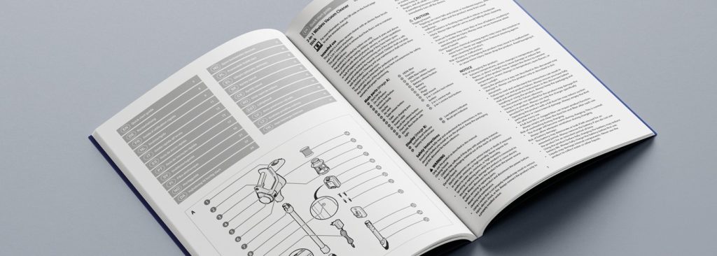 Open user manual showing multilingual instructions and an exploded technical diagram, illustrating documentation prepared for translation and international use.
