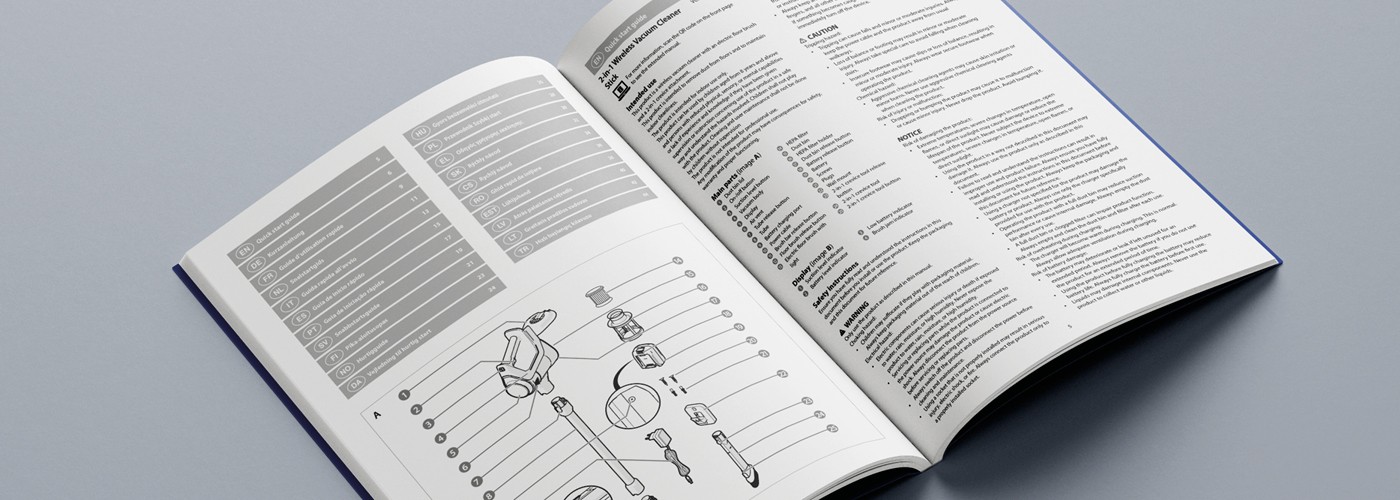 Open user manual showing multilingual instructions and an exploded technical diagram, illustrating documentation prepared for translation and international use.