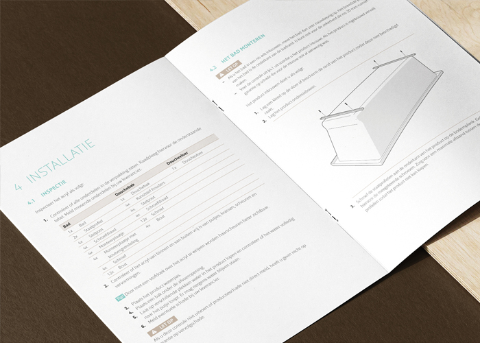 Open user manual page featuring installation instructions, technical specifications table and detailed line drawing of a product component in a clear, organised design.