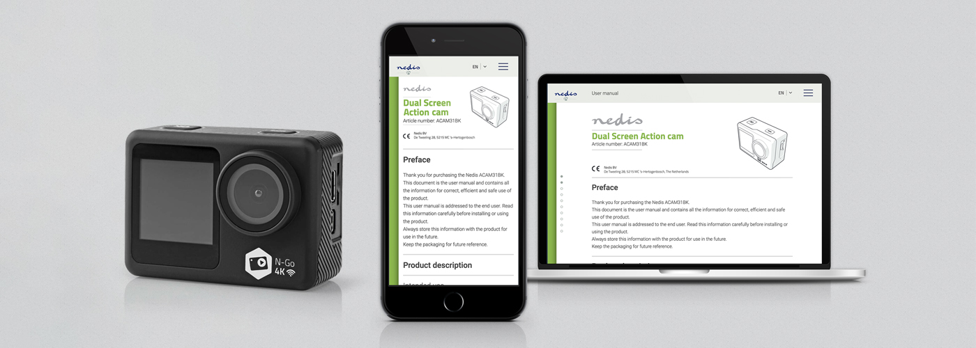 Action camera displayed next to a smartphone and laptop showing a digital user manual, illustrating multi-device access to user instructions.