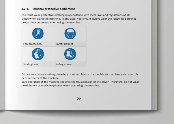 Manual page showing personal protective equipment requirements, including icons for fall protection, safety helmet, work gloves and safety shoes, with accompanying safety instructions.