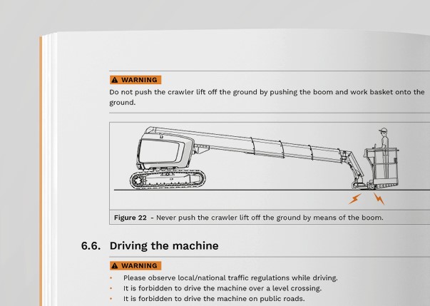 Manual page with warning about improper use of a crawler lift, showing a diagram of the machine and instructions to avoid lifting it off the ground using the boom.